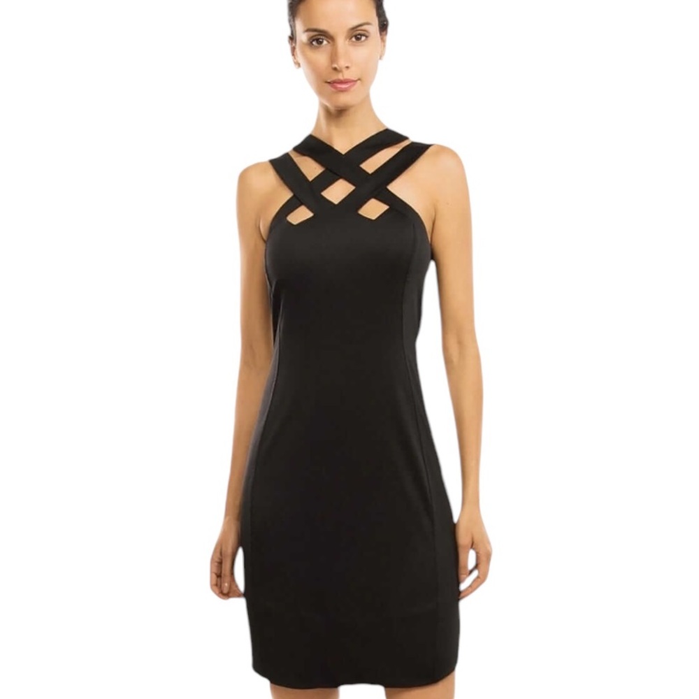 NWT Gretchen Scott Hotsie Totsie Black Crisscross Straps Knit Mini Dress - S